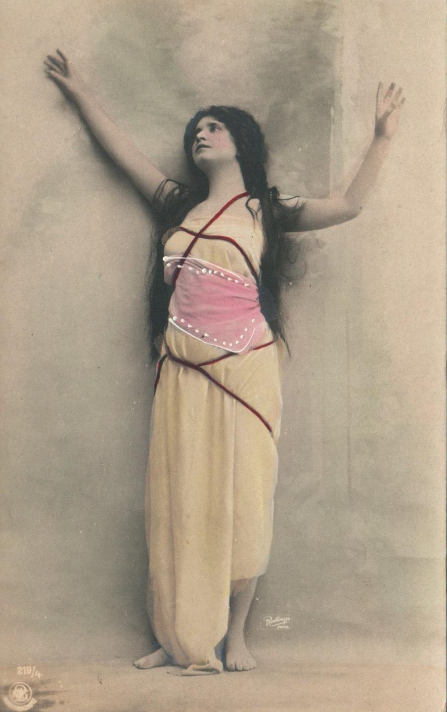 ANTIQUE Reutlinger Paris Real Photo Pretty Woman Cord Bindings POSTCARD UNUSED