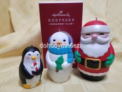 Hallmark 2018 Nesting Doll Surprise Club Christmas Ornament set Santa Penguin