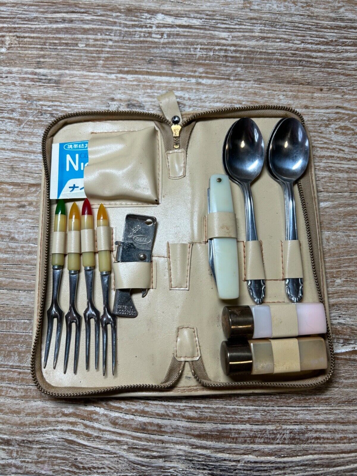 Vintage Travel utensils knife fork spoons can opener etc pouch Stainless Japan