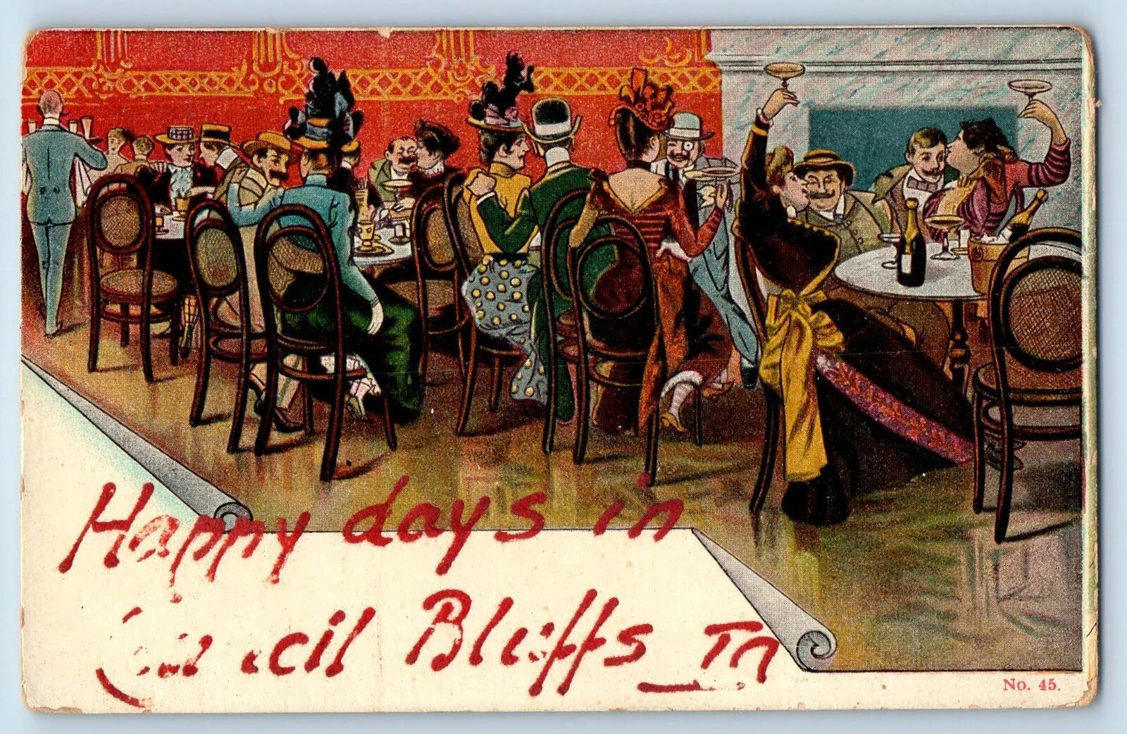 Council Bluffs Iowa IA Postcard Happy Days Restaurant Scene c1910\'s Antique