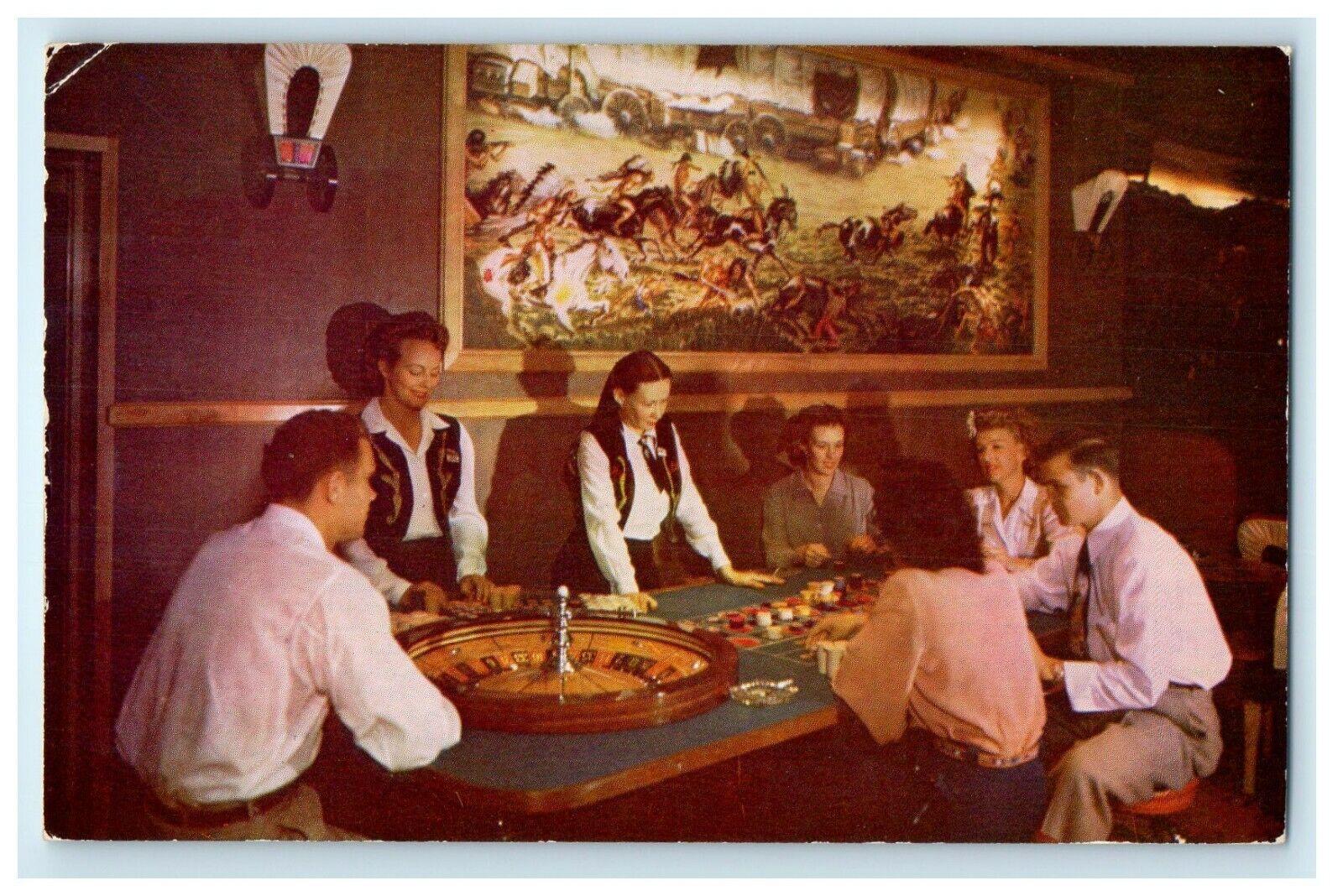 c1950\'s Roulette Wheel Covered Wagon Room Harolds Club Reno Nevada NV Postcard