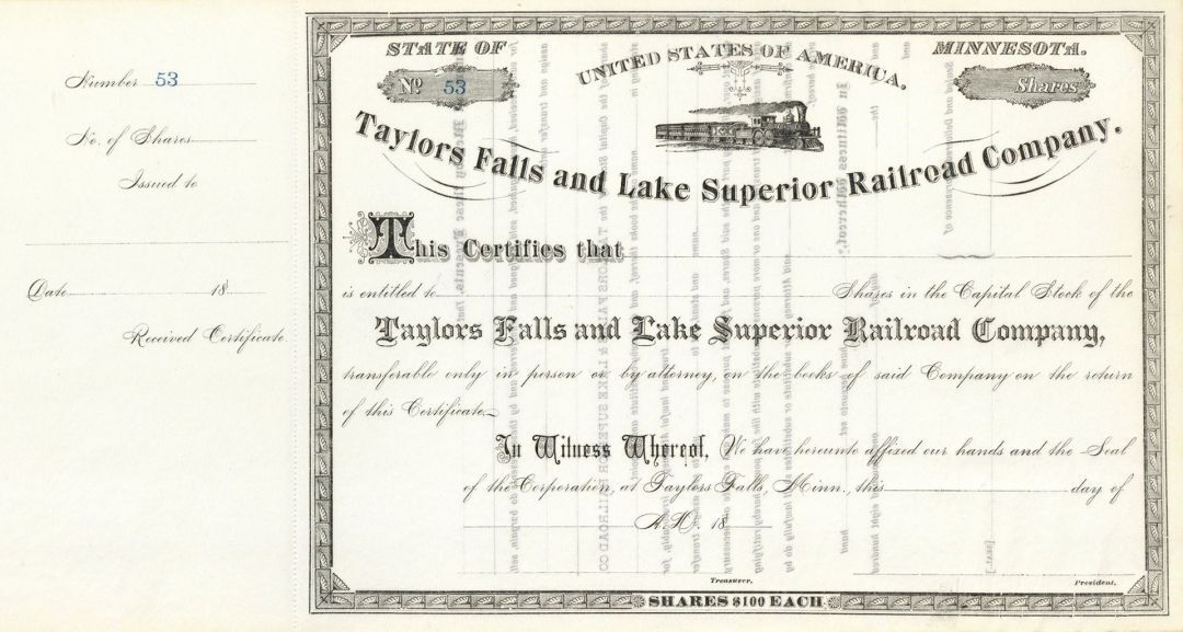 Taylors Falls and Lake Superior Railroad Co. - Unissued Railway Stock Certificat