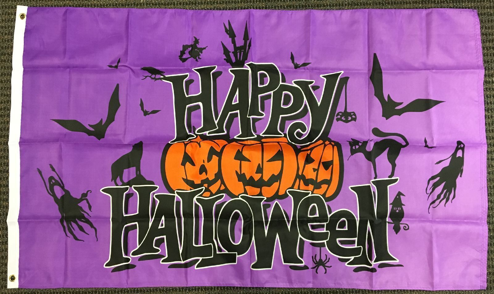 3x5 Purple Happy Halloween Flag Pumpkins Bats Ghosts Cat Outdoor Banner Pennant