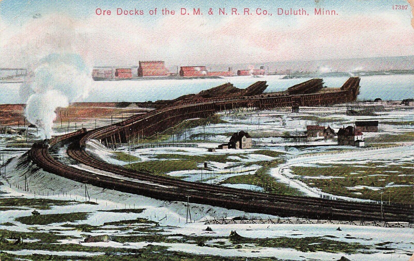 Duluth MN Ore Docks Harbor Railroad Train Superior WI Cancel Vtg Postcard D57