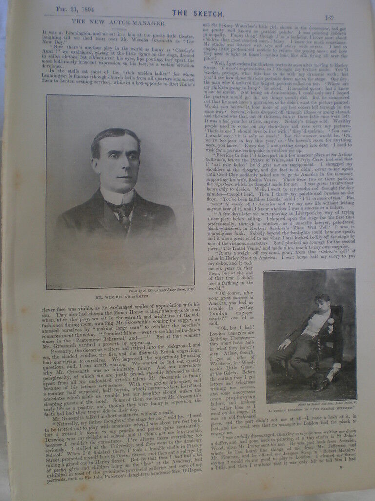 Photo article interview actor Weedon Grossmith 1894 Ref R