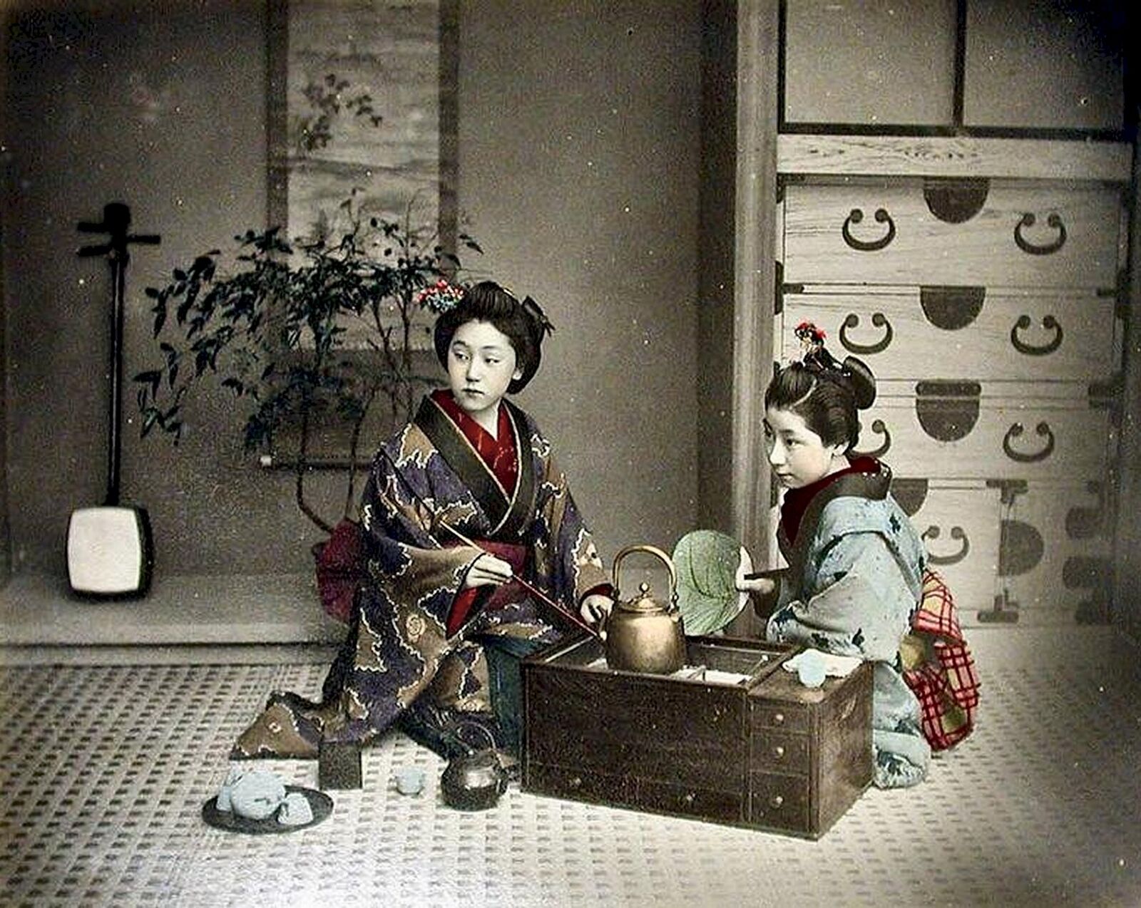 1880s JAPANESE GIRLS Smoking A Pipe 8x10 Borderless Photo
