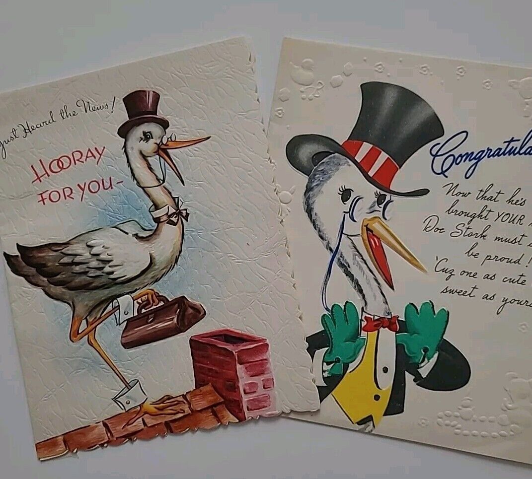 2 Vtg DOC STORK Congratulations & POP UP Stork w BABY Mid Century CARDS
