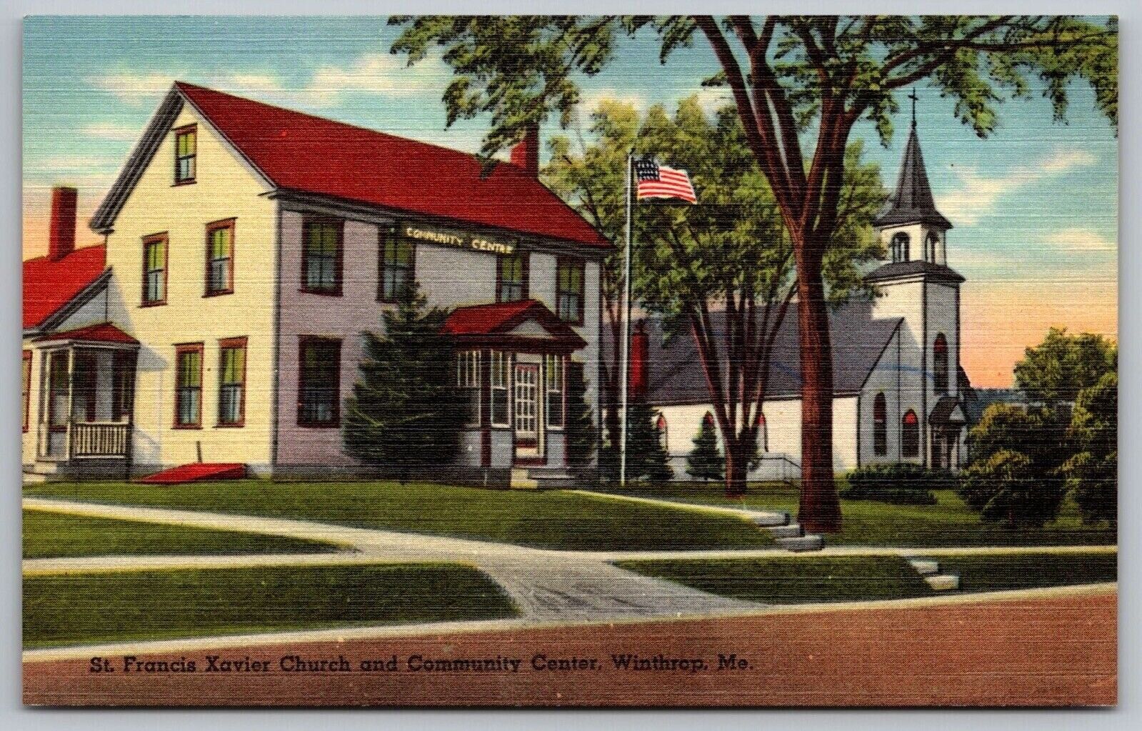St Francis Xavier Church Community Center Winthrop ME Maine Linen Postcard UNP