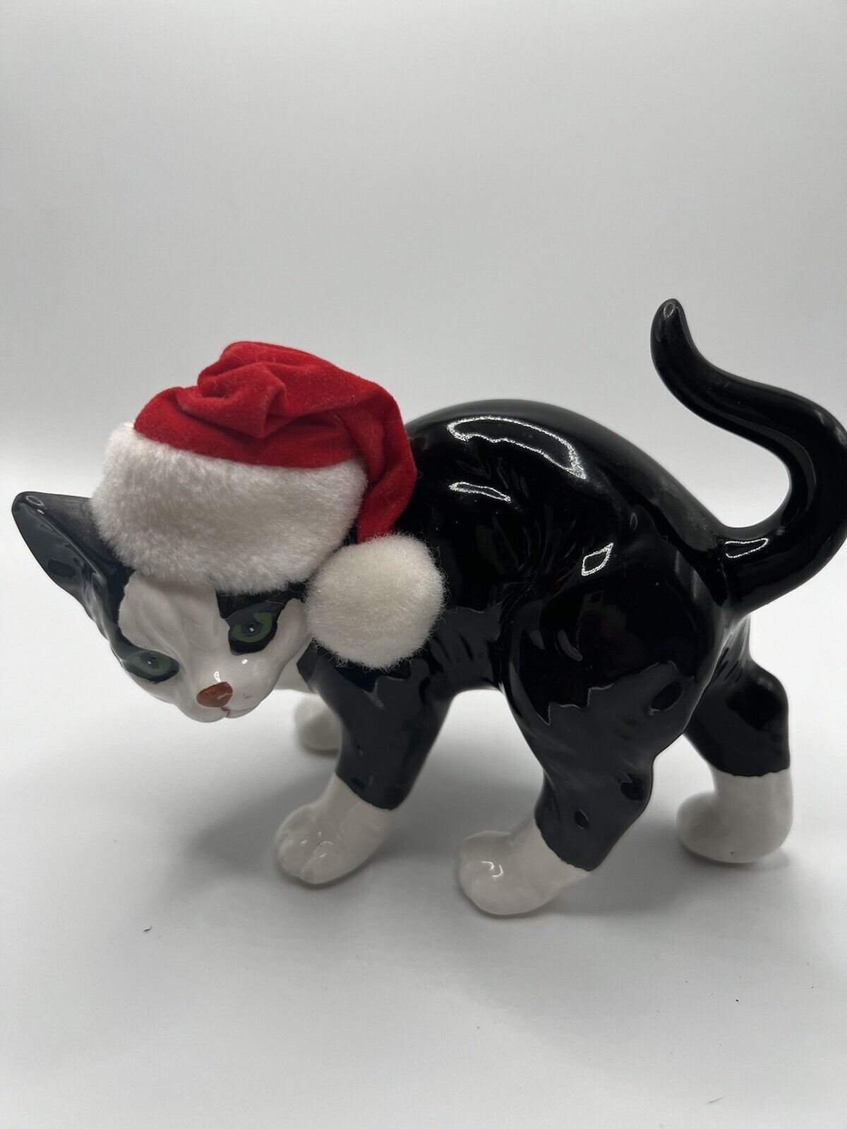 1987 Enesco Ceramic Black White Vintage Christmas Felt Santa Hat Cat
