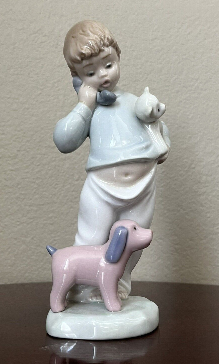 NAO by Lladro “Hello Mommy” Boy on Phone with Dog and Teddy Bear
