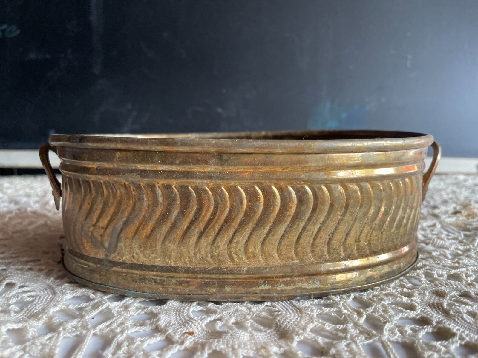 Vintage / Ribbed Solid Brass Oval Planter with Handles