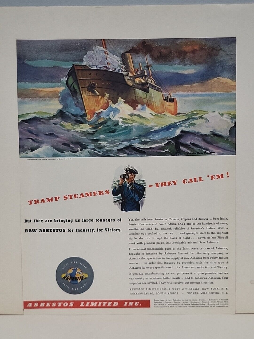 1942 Asbestos Limited Inc. Tramp Steamers Fortune WW2 Print Ad Q2 Ocean Captain