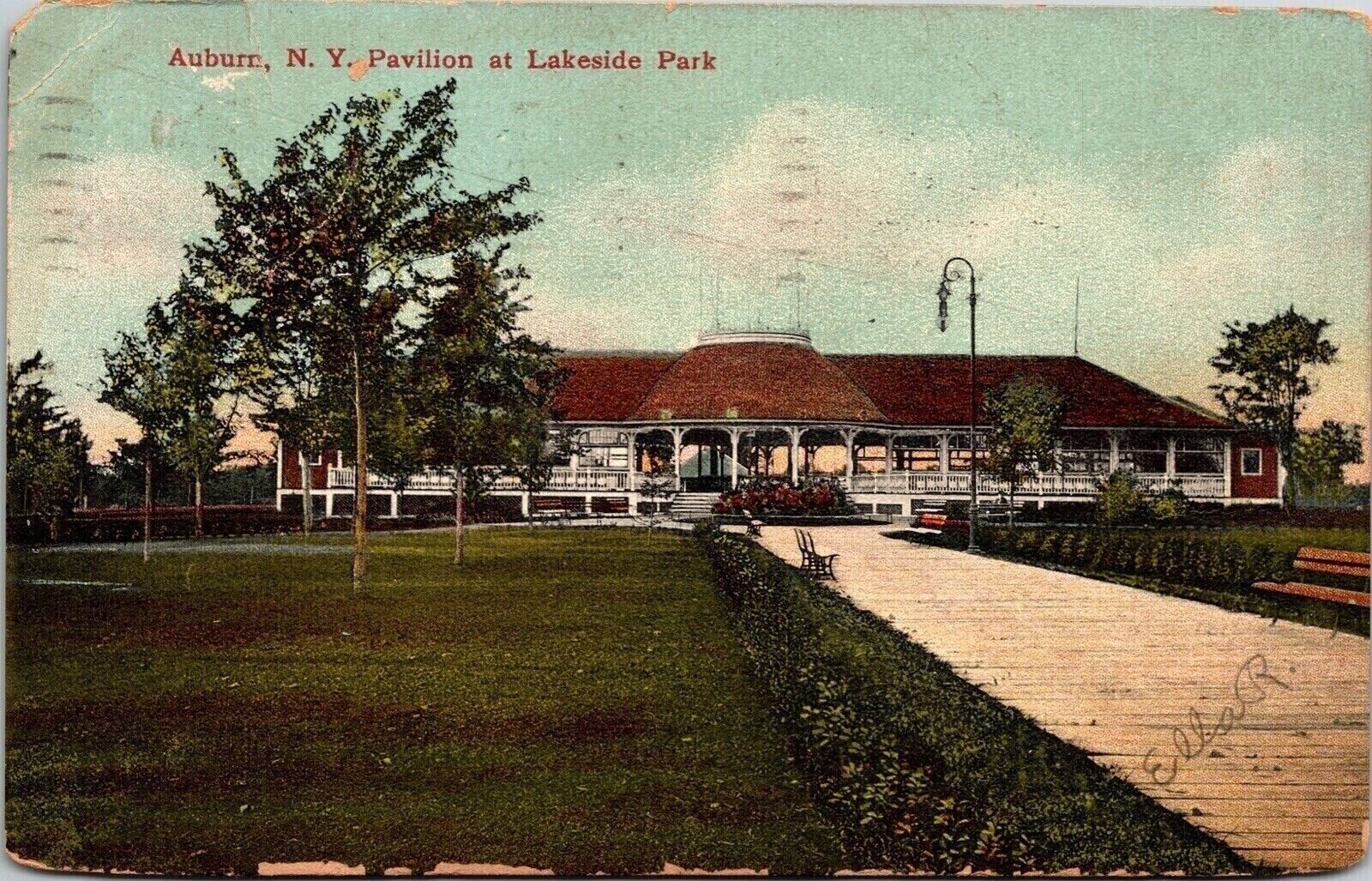 Auburn NY New York Pavilion Lakeside Park Antique Postcard PM Syracuse NY Cancel