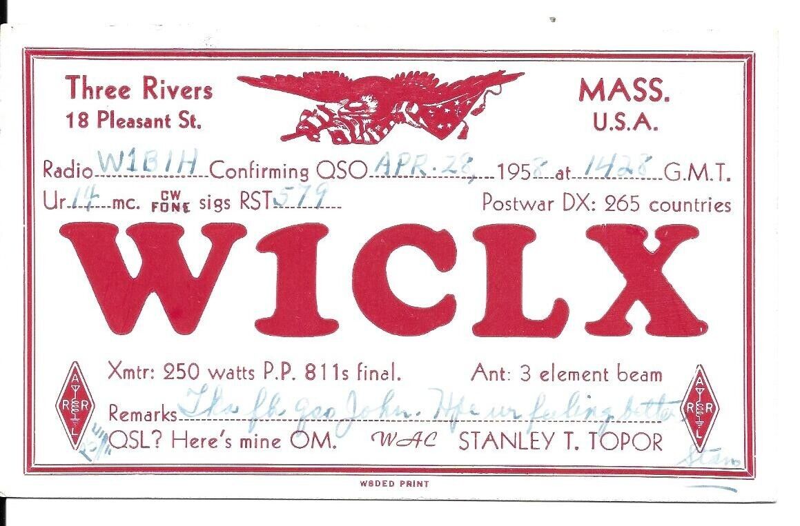 QSL  1958 Three Rivers MA    radio card