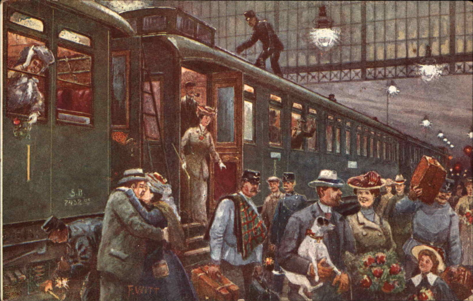 A/S Witt Train Platform Departure Couple Kissing c1910 Vintage Postcard