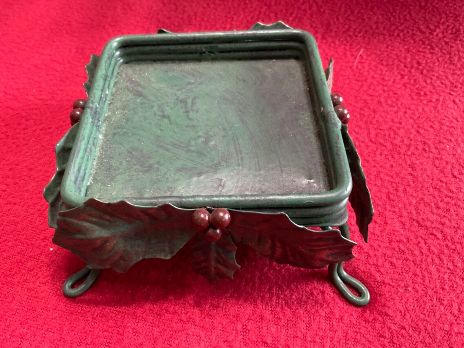 Vintage Metal 4” Square Candle Holder Table Top Green w/Holly Berries & Leaves