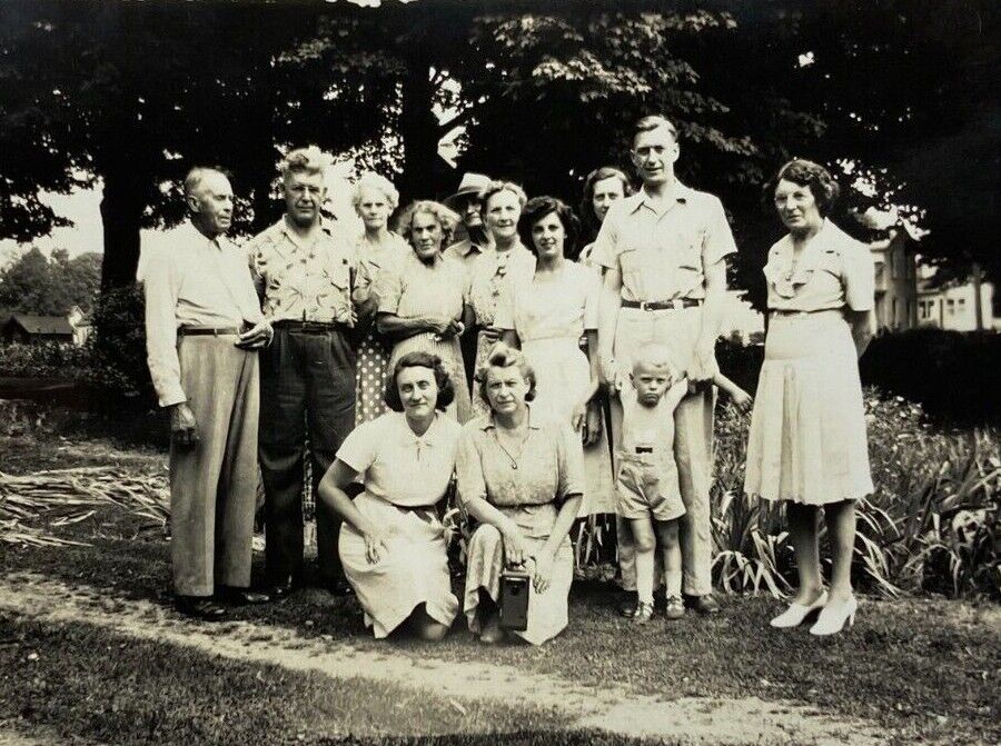 Group Of Men & Women Standing In Yard B&W Photograph 2.75 x 4.5