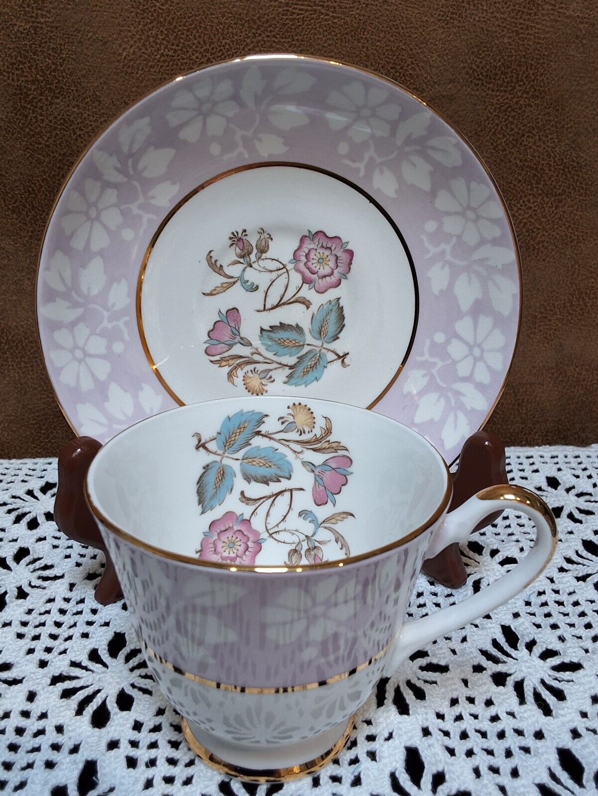 Vintage Imperial England China Tea Cup Saucer Pink/Lavender Floral Gold Trim
