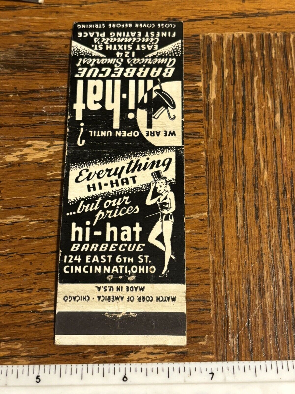 1950s Cincinnati OH Girlie Advertising Matchbook Hi-hat Barbecue Theatrical Bar