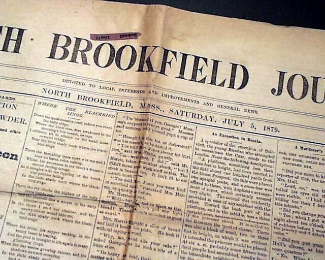 Rare NORTH BROOKFIELD MA Worcester Co. Massachusetts 19th Century 1879 Newspaper