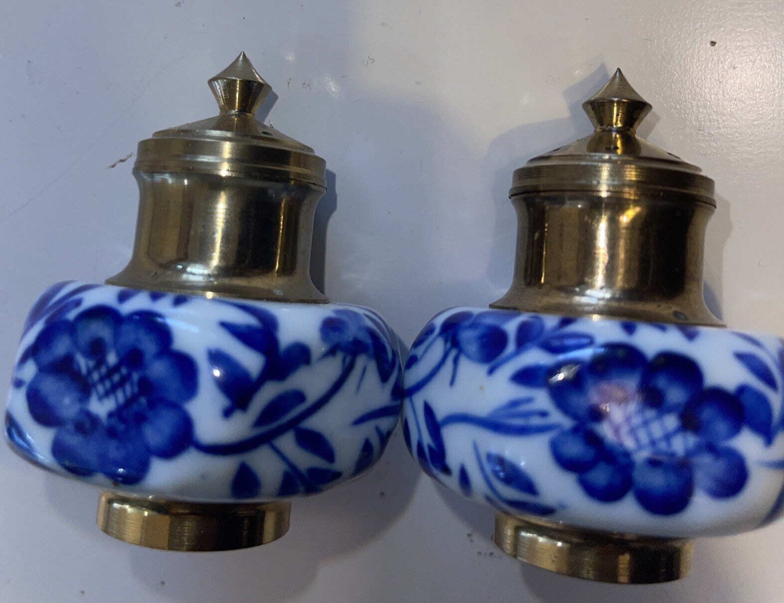 Rare Porcelain & Brass Blue Floral Salt & Pepper Shaker Set  5/8 Holes Vintage