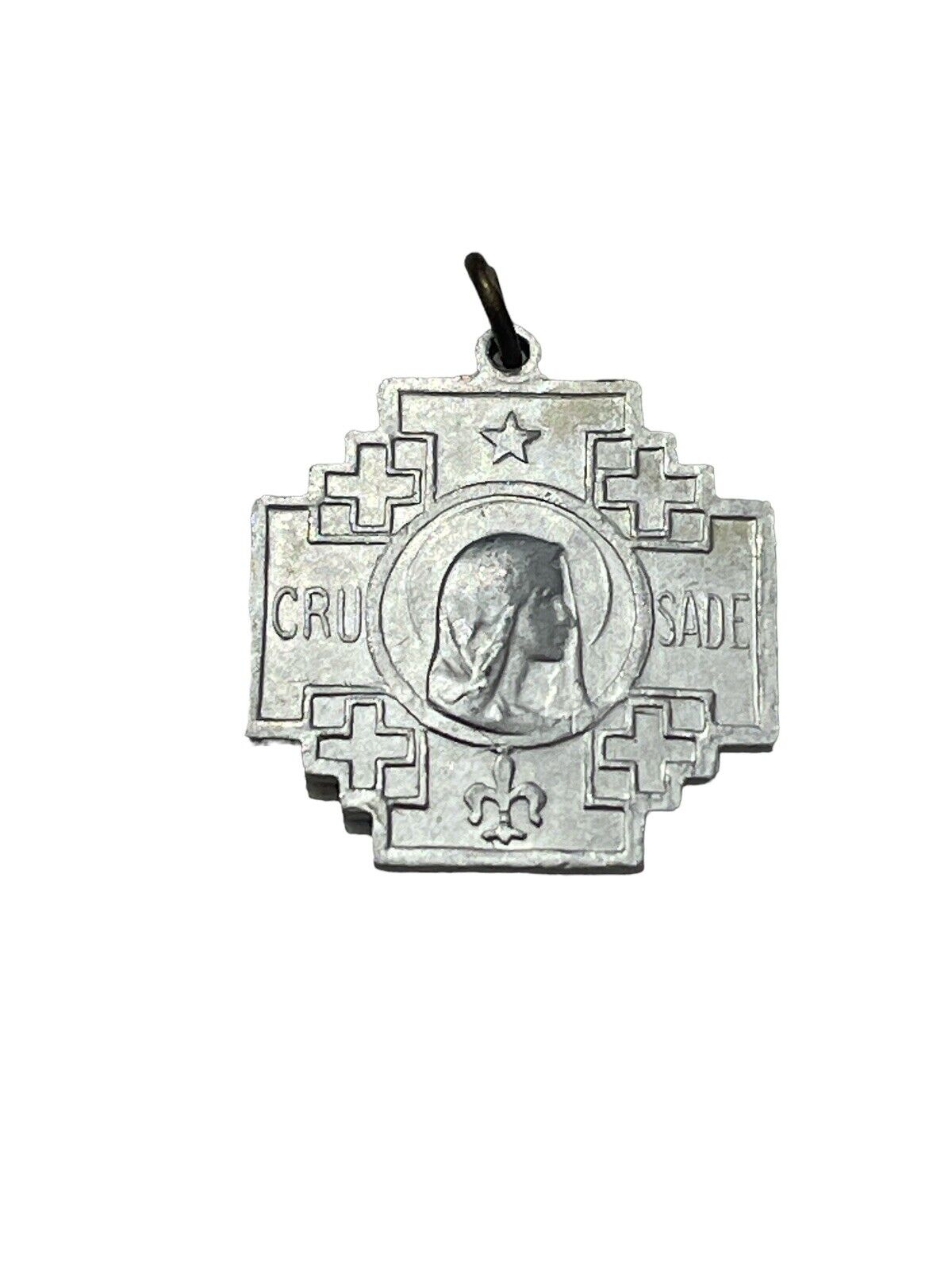Vintage Crusade Cross Aluminum Medal Religious Holy Catholic Virgin Mary IHS