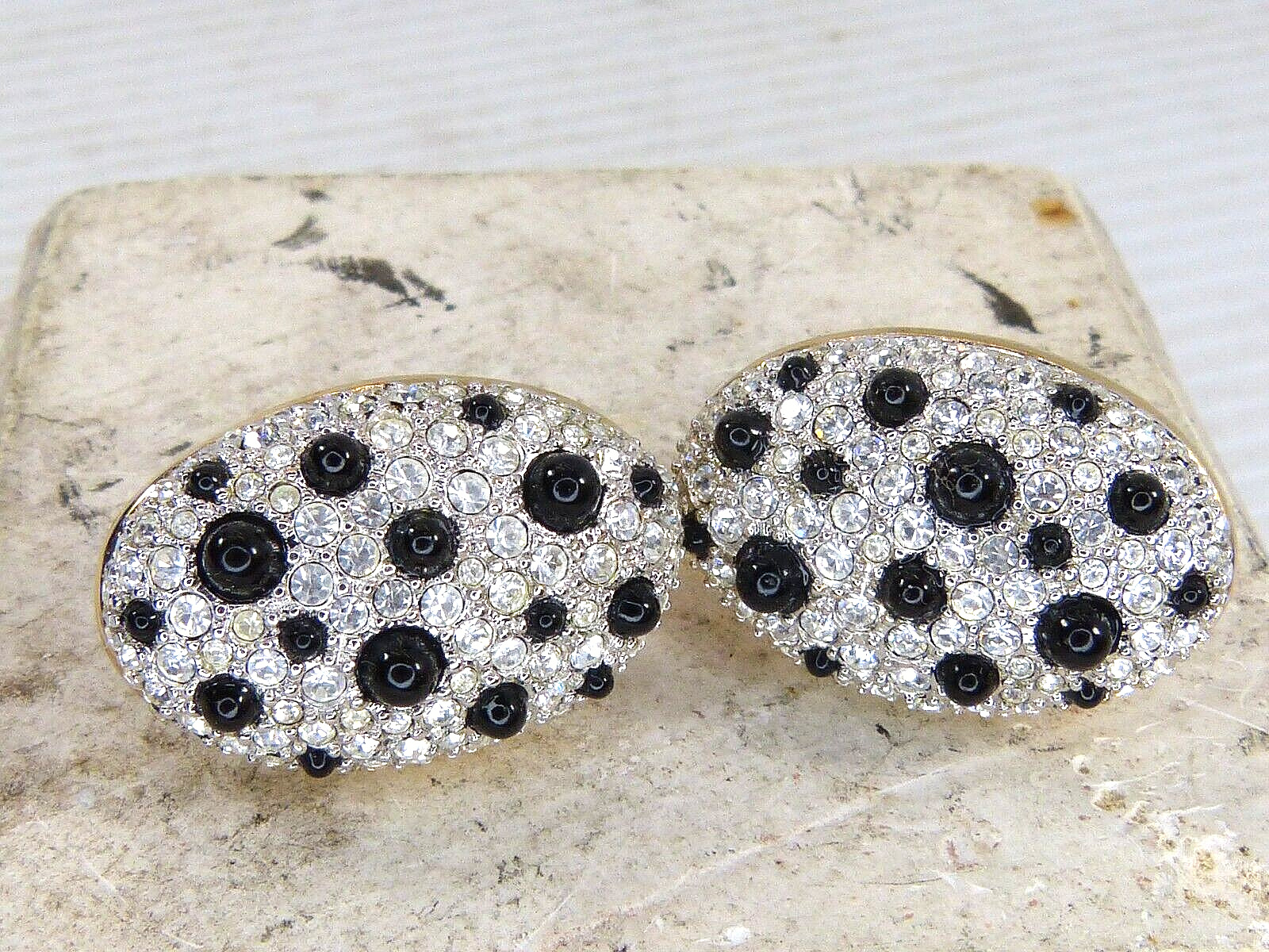 Oval Black & White Swarovski Crystal Clip On Earrings Dalmatian Spots Pattern