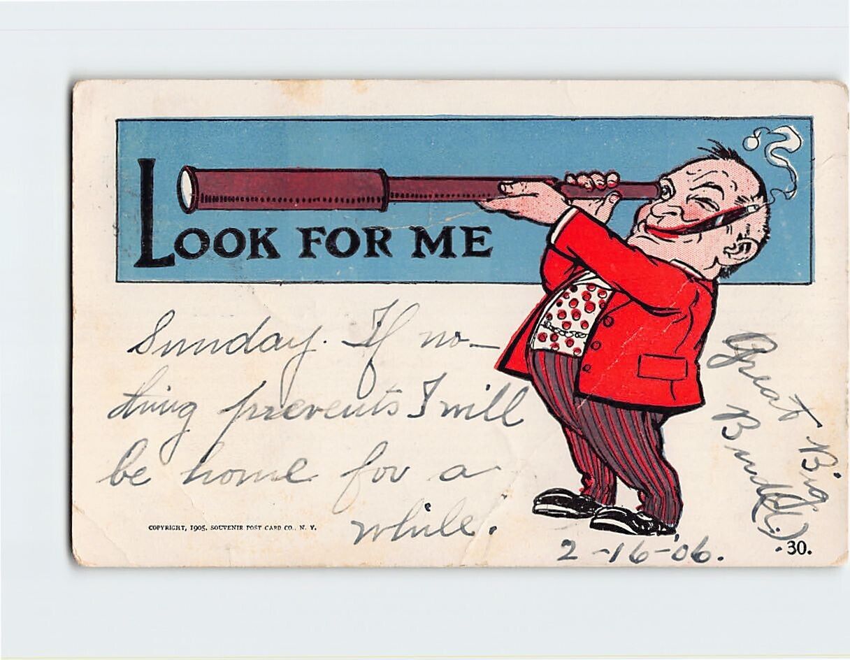 Postcard Look For Me with Man with Telescope Comic Art Print