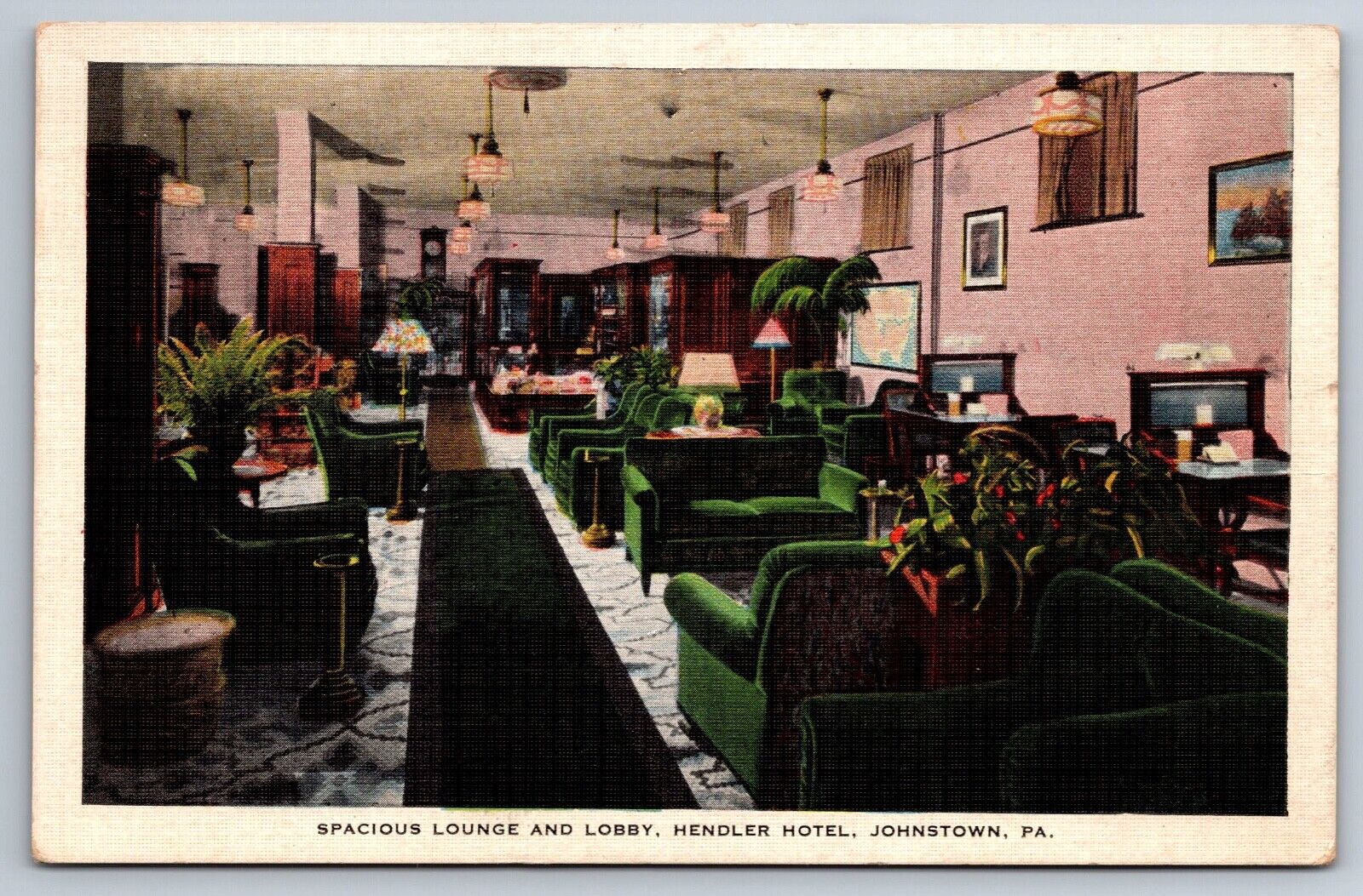 Johnstown PA Pennsylvania Postcard Handler Hotel Lounge and Lobby Interior c1937