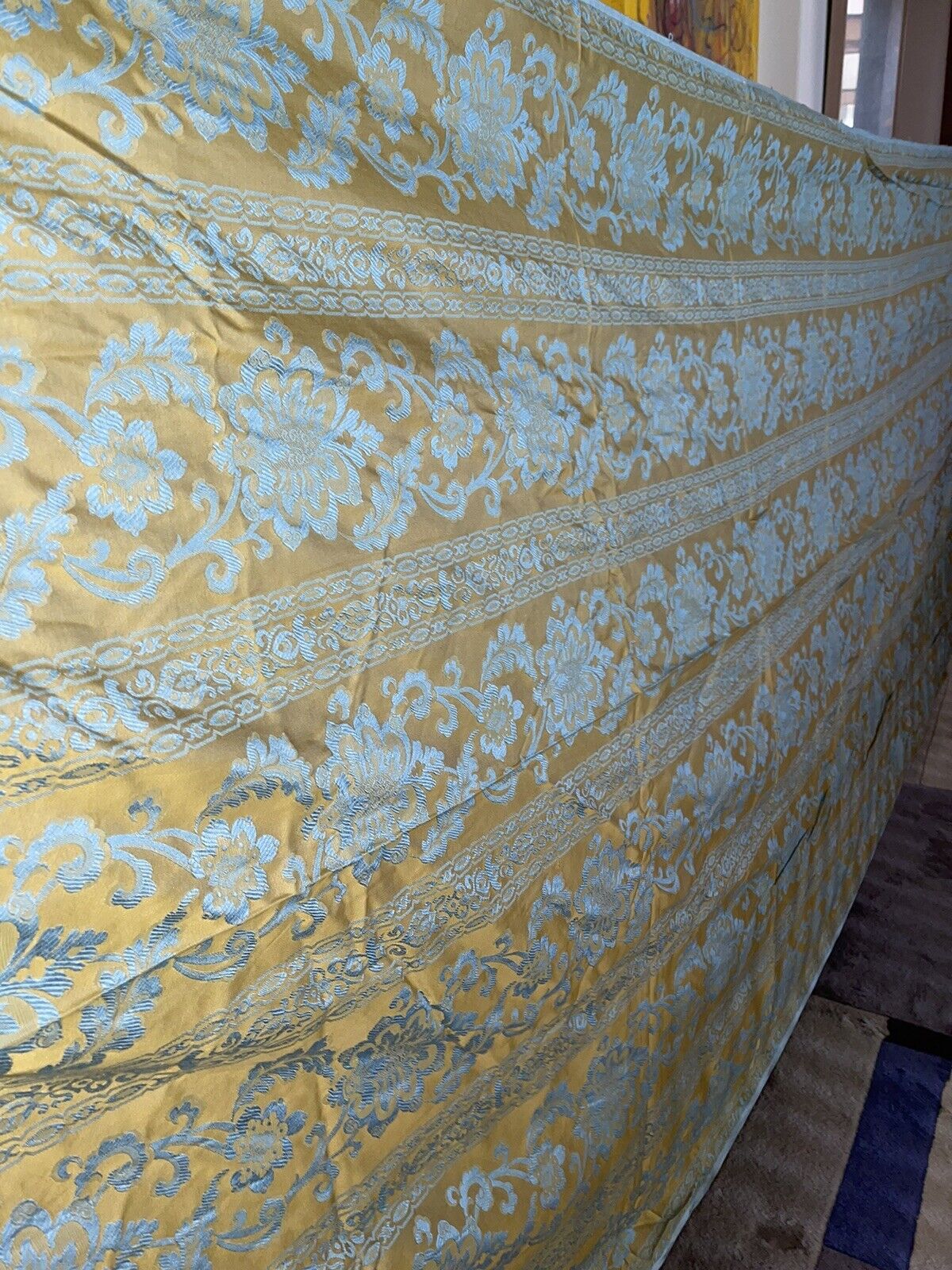 38 Yards  Damask Scalamandre Style Vintage Gorgeous Blue and Gold Fabric