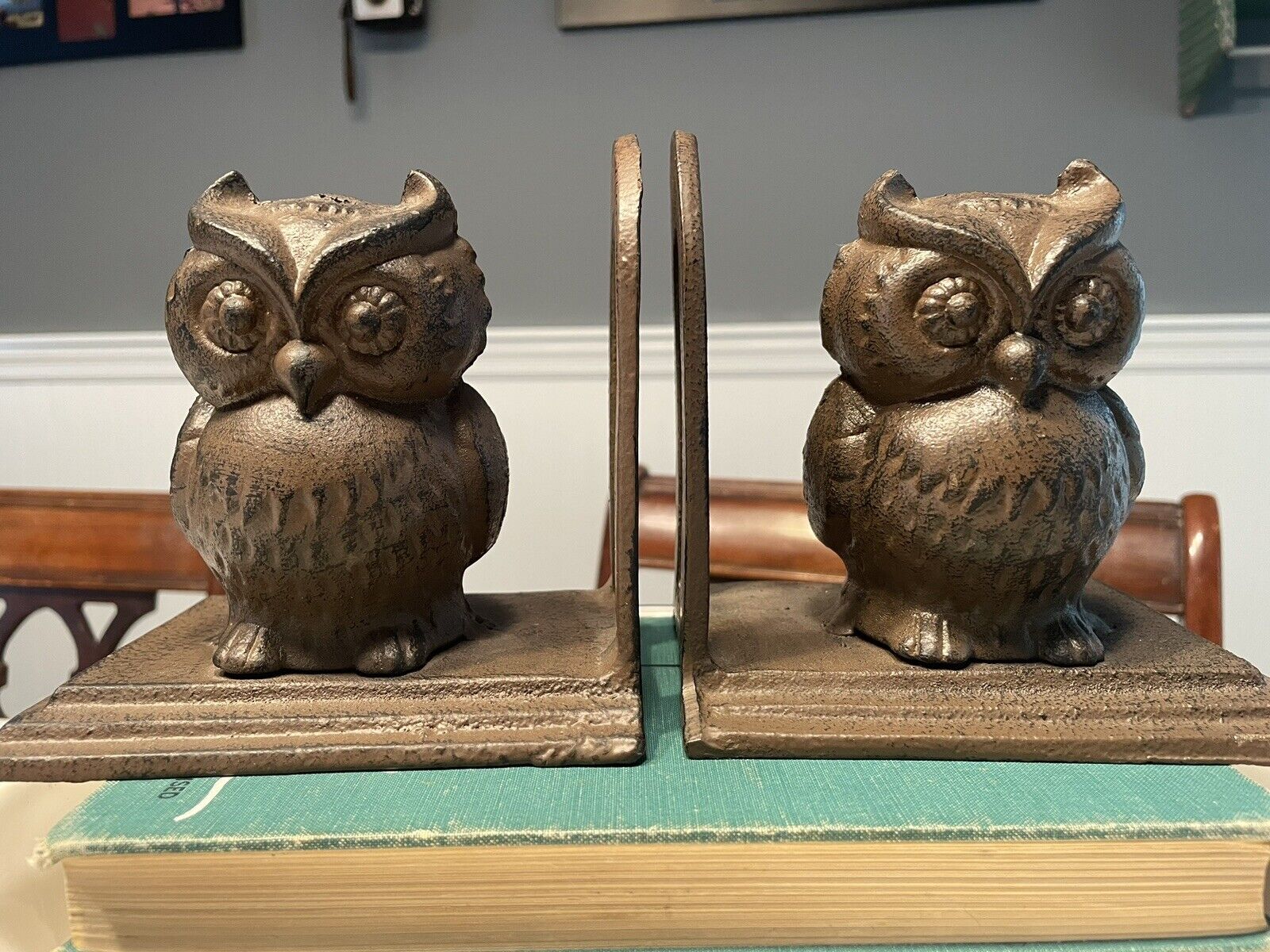 Vintage Cast Iron Bronze-Color Owl Bookends 5” X 5” X 4 1/4”  Pair Owls