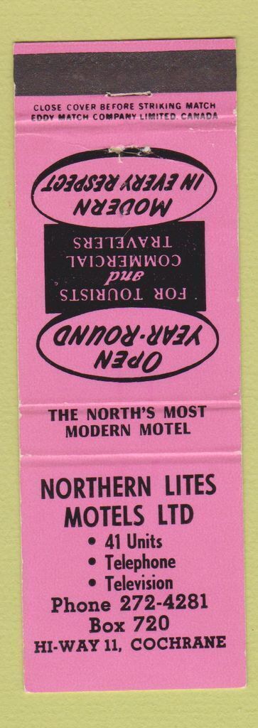 Matchbook Cover - Northern Lites Motels Cochrane ON
