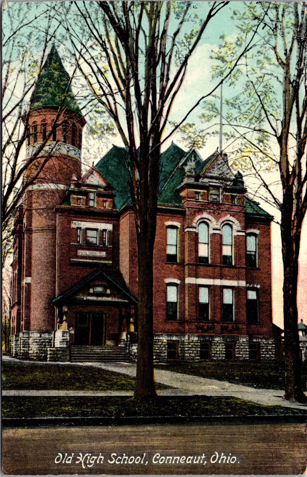 Postcard Old High School in Conneaut, Ohio