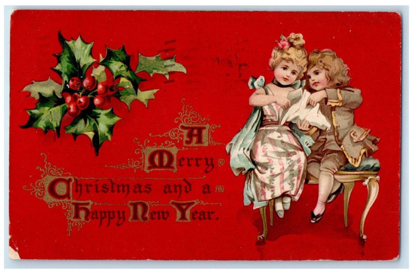 1908 Christmas And New Year Children Holly Berries Winnipeg Manitoba Postcard