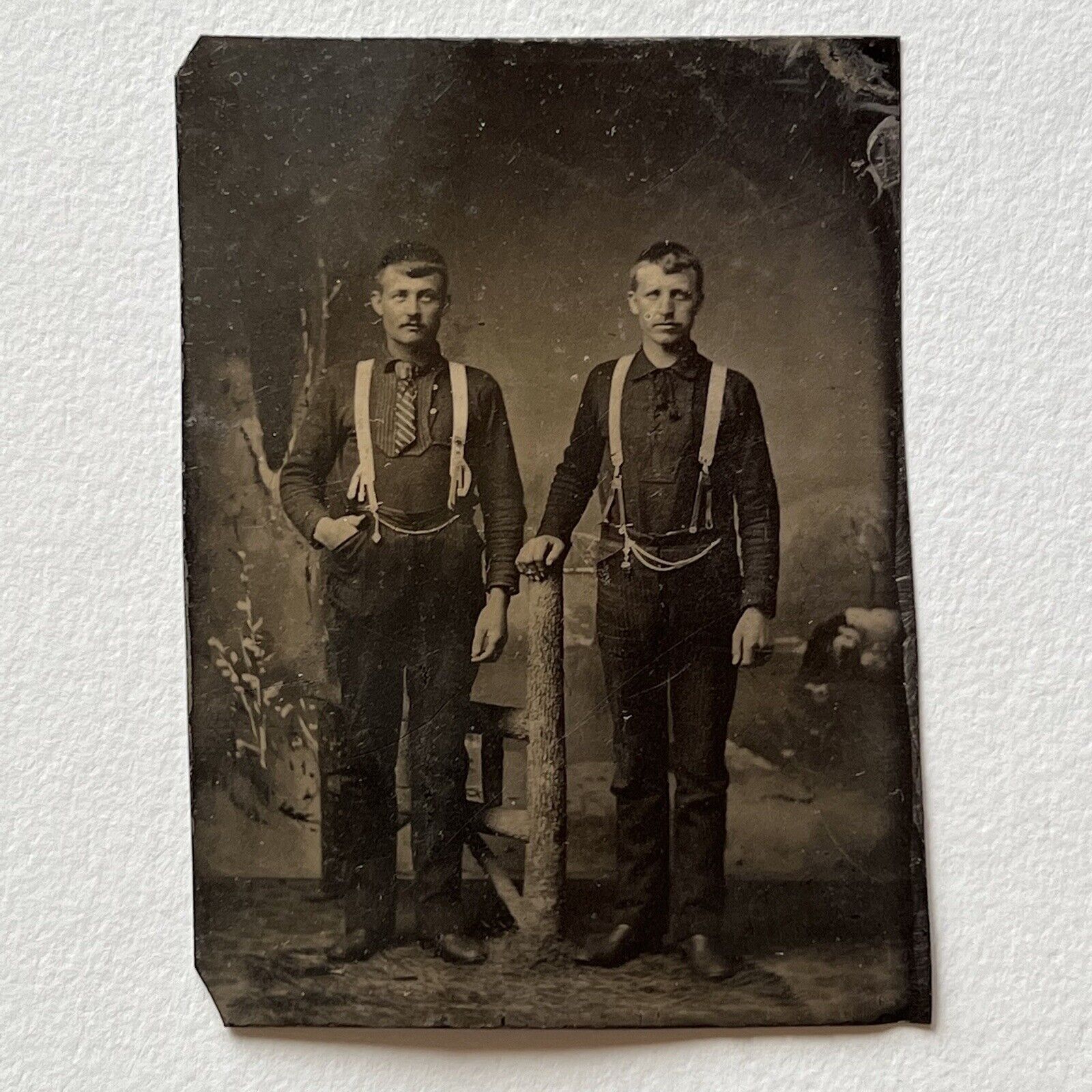 Antique Tintype Photograph Handsome Young Men Matching Suspenders Hand N Pocket