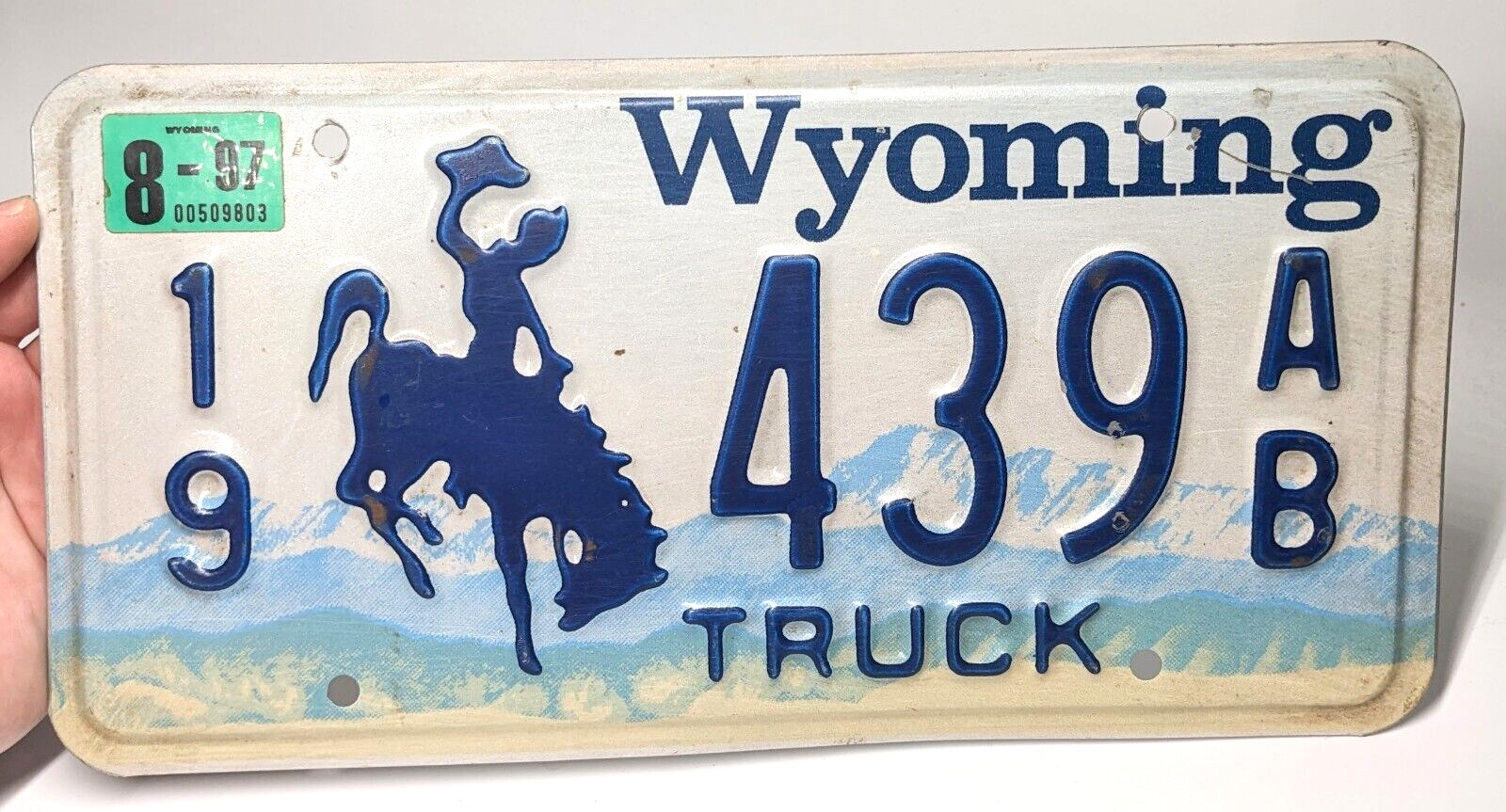 Vintage 1997 Wyoming License Plate for Truck, Cowboy Bronco Design