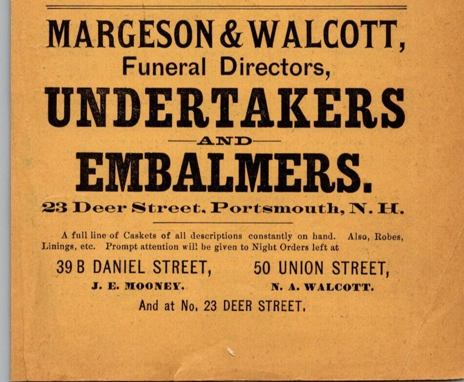 1892 Margeson & Walcott Funeral Directors Undertakers Embalmers PORTSMOUTH NH