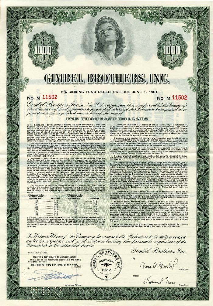 Gimbel Brothers, Inc. - $1,000 Bond - General Bonds