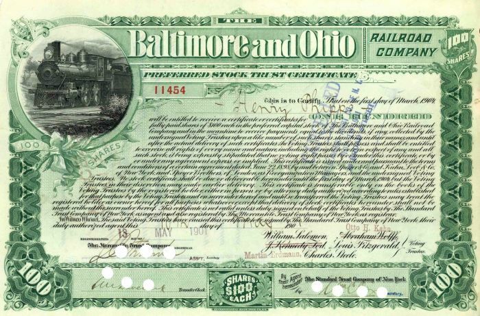Baltimore and Ohio Railroad Stock issued to Henry Phipps and signed for by his b