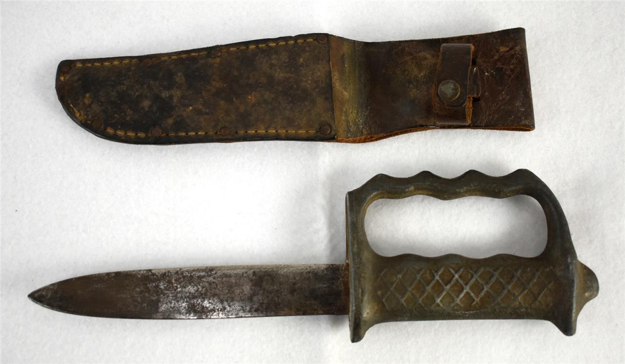 WWII Australian New Zealand Aluminum Handle Knuckle Knife w/ Leather Sheath