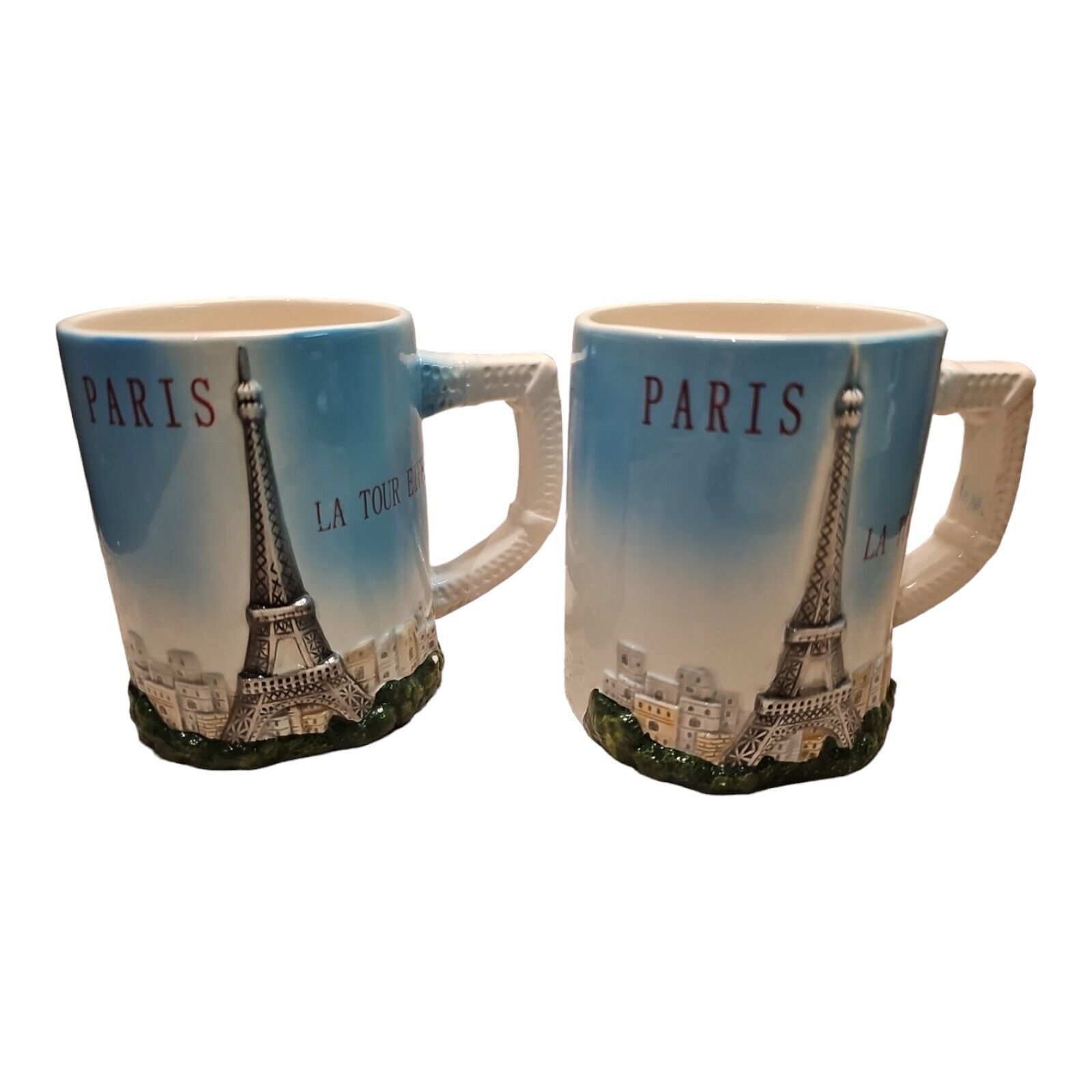VINTAGE PARIS FRANCE COFFEE TEA MUGS (2)  LA TOUR EIFFEL TOWER 3D