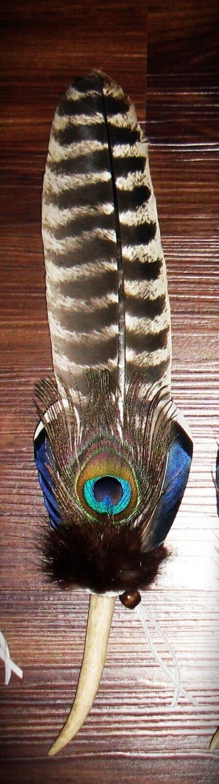NATIVE AMERICAN TURKEY SMUDGE FAN FEATHER ANTLER CEREMONIAL