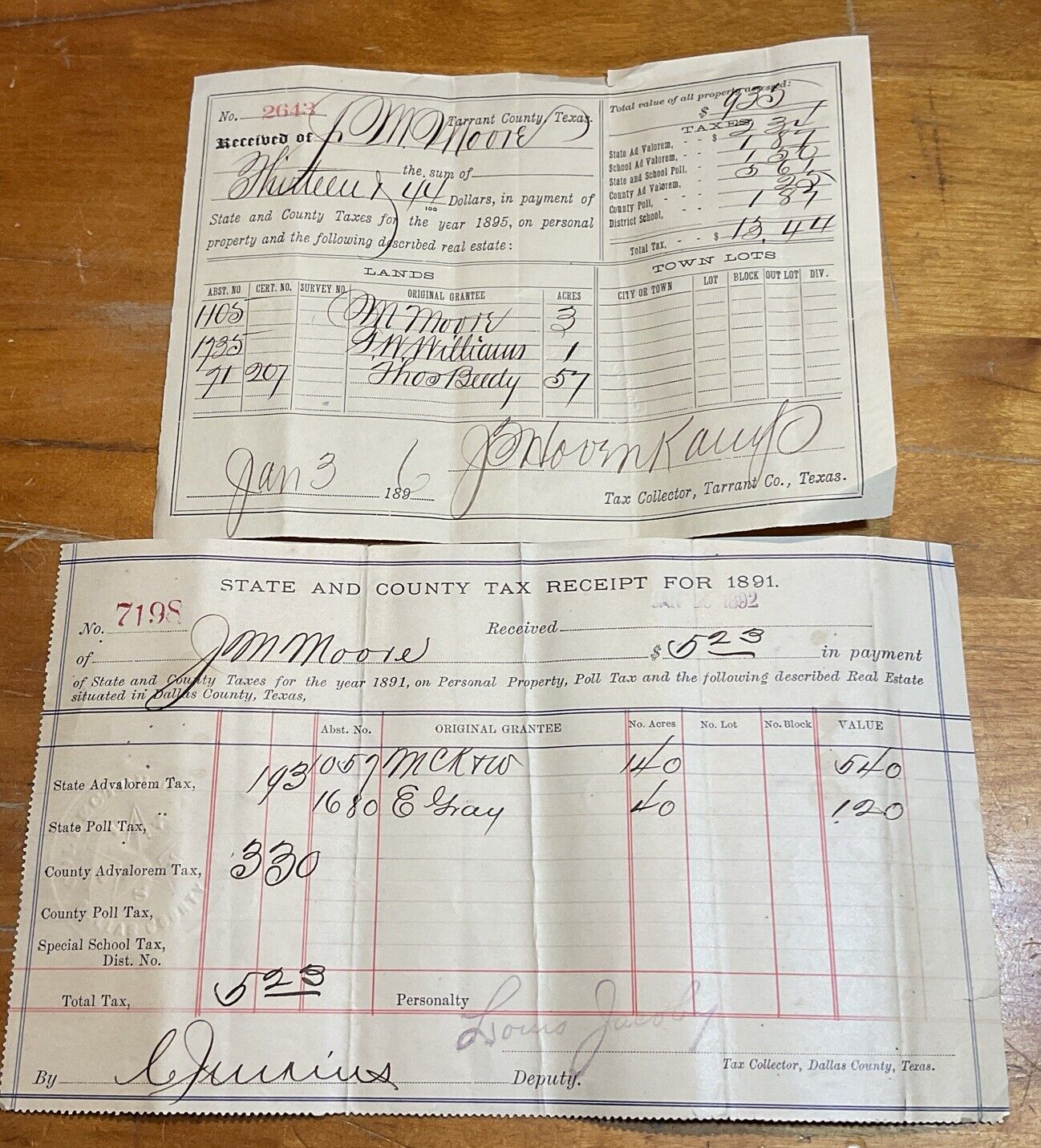Two Vintage Tax Receipts From Dallas County. 1895 And 1891