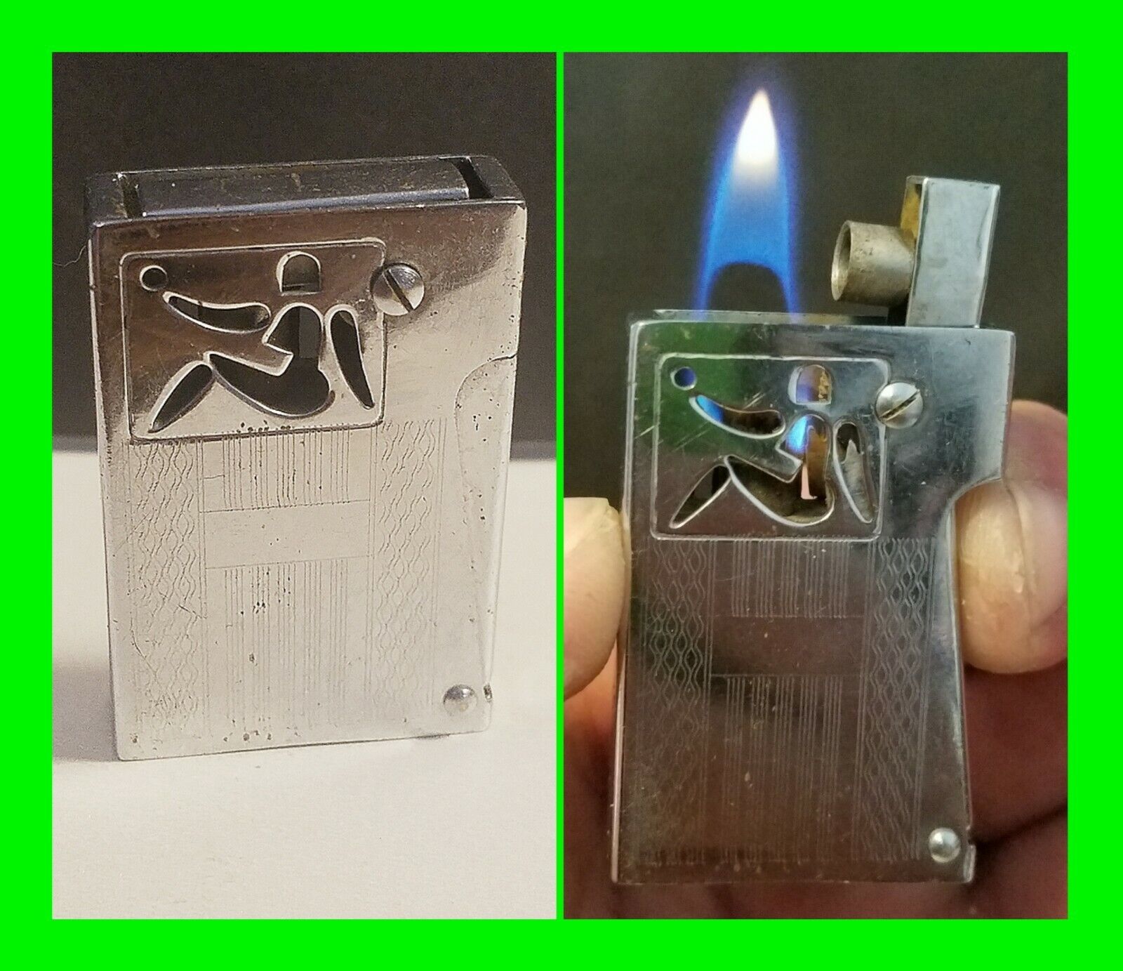 Vintage Noble Squeeze Petrol Lighter Cut Out Woman Design ~ In Working Condition
