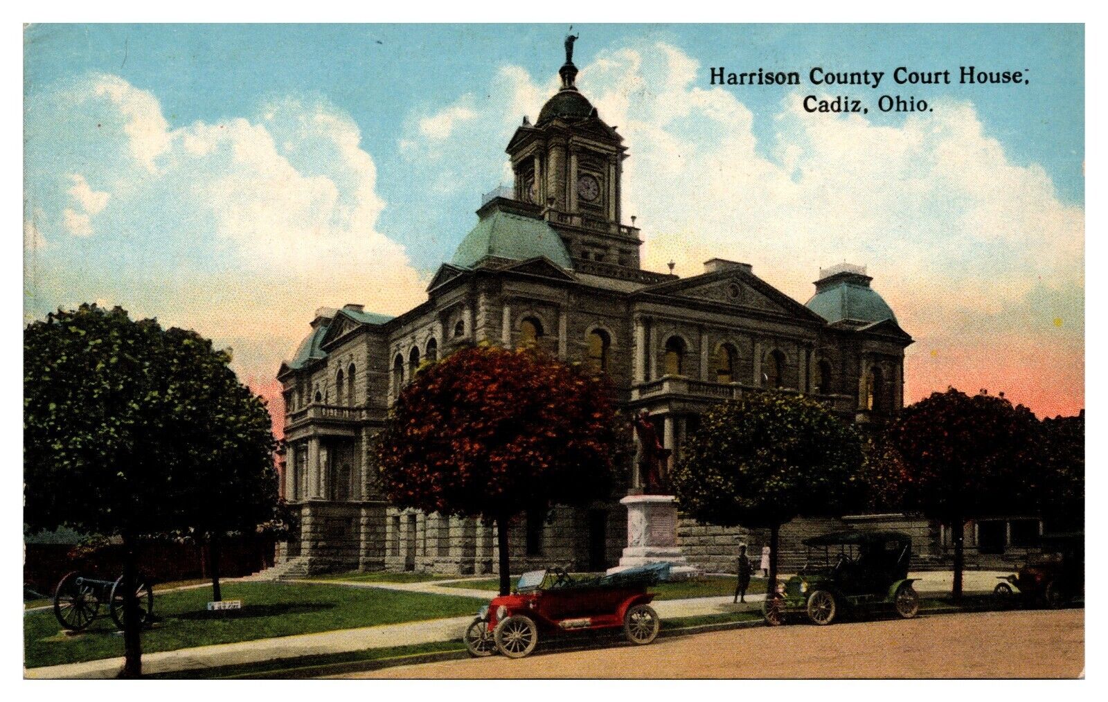 Antique Harrison County Courthouse, Street Scene, Old Cars, Cadiz, OH Postcard