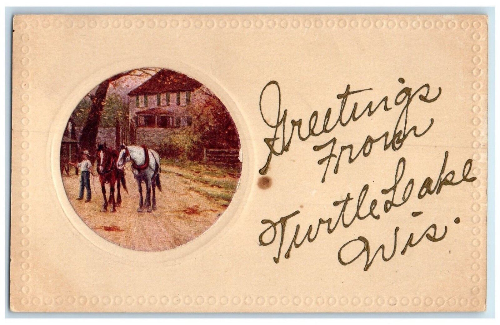 c1909 Greetings From Horses Turtle Lake Wisconsin WI Vintage Antique Postcard