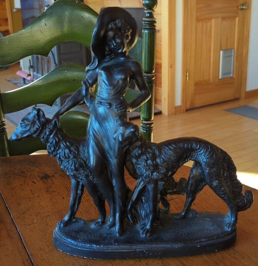 Rare Vintage Art Deco ChalkWare Ceramic Figurine Of Lady Walking Two Borzoi Dogs