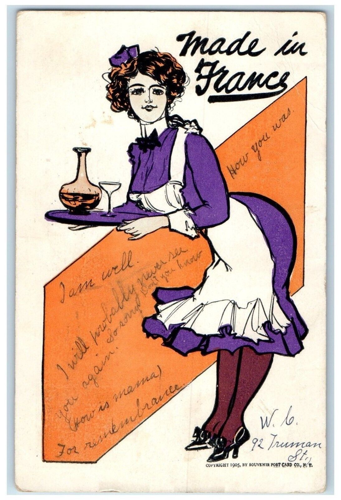 1905 Pretty Girl Maid Serving Wine Made In France New London CT Antique Postcard