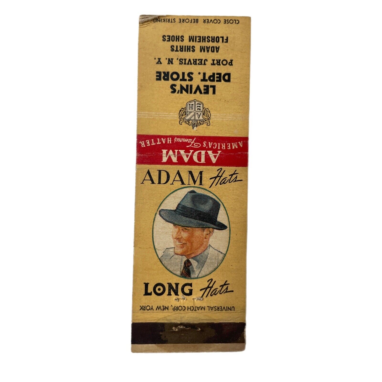 Vintage Adam Hats Matchbook Cover Long Hats Levin\'s Dept. Store Port Jervis NY