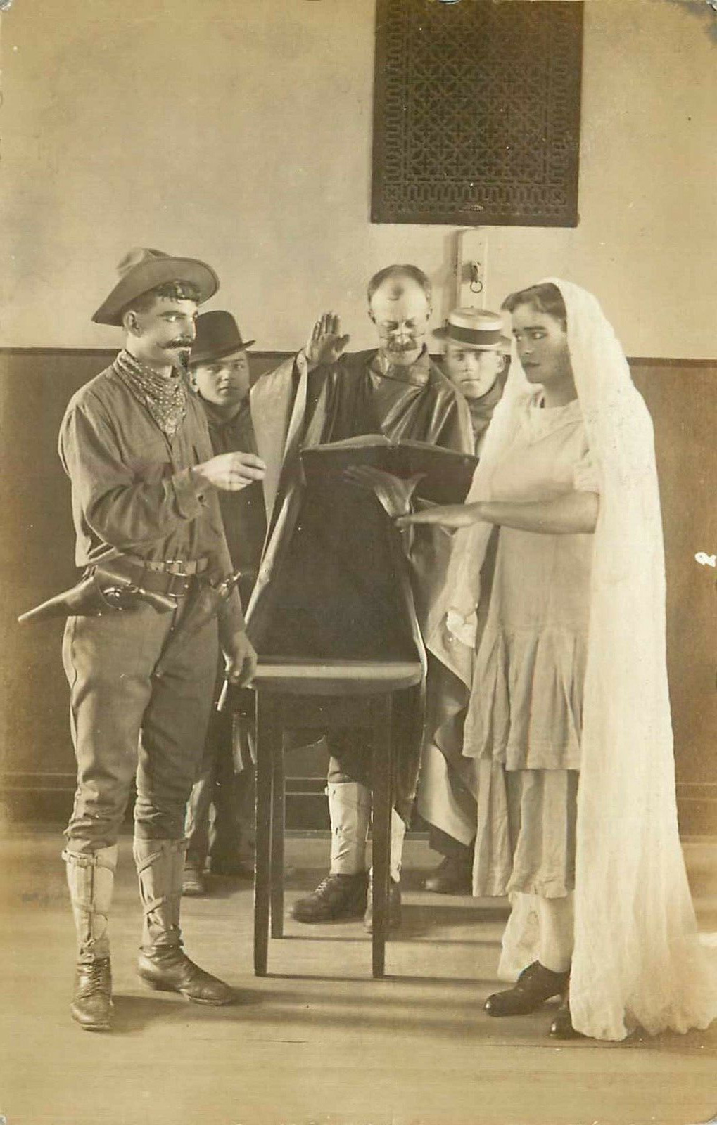 Postcard Civil War Soldier Wedding Drag Man Bride 1910 Highwood Illinois Cancel